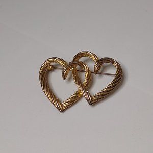 Gold Tone Metal Double Heart Brooch